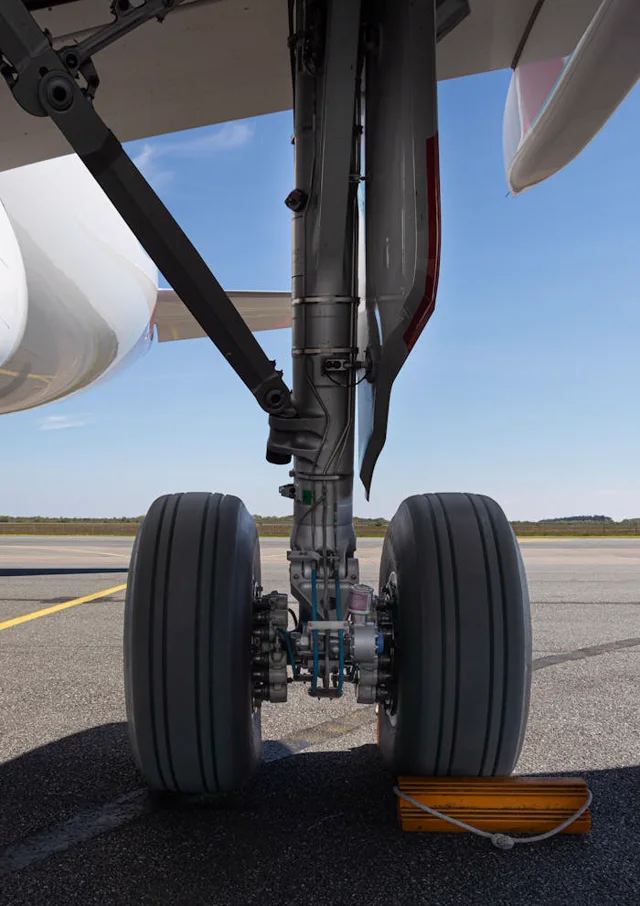 Fahrwerk eines Flugzeugs auf dem Rollfeld